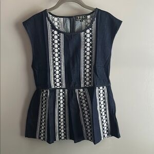 NWOT - POL Blue and White Denim Peplum Blouse with Embellished Neckline